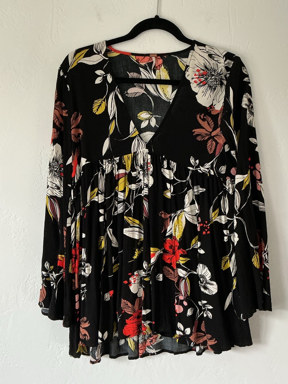 Free People Black Floral Long Sleeve Babydoll Tunic Dress